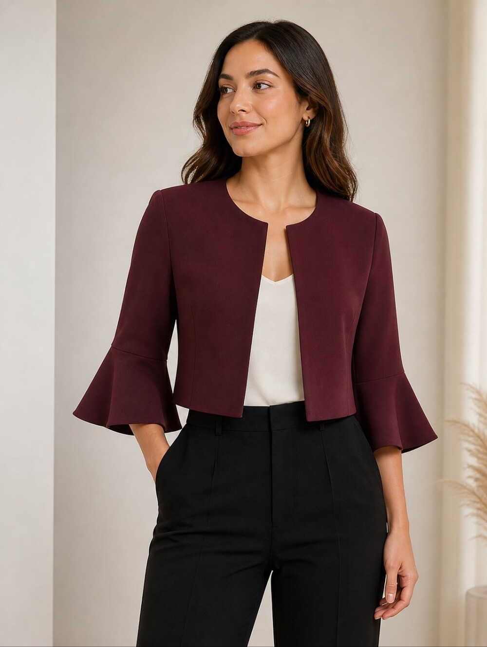 Perceptions Petite Maroon Open Front Cropped Bolero Jacket - Size PL